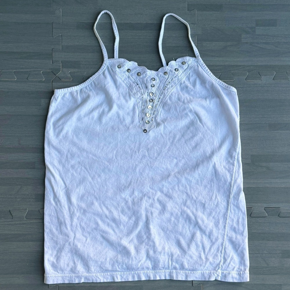 White 100% Cotton Camisole Eyelet Embroidered Sequin Tank Top